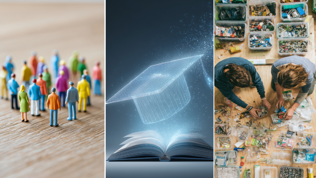 collage of three illustrations about inclusion AI and makerspace