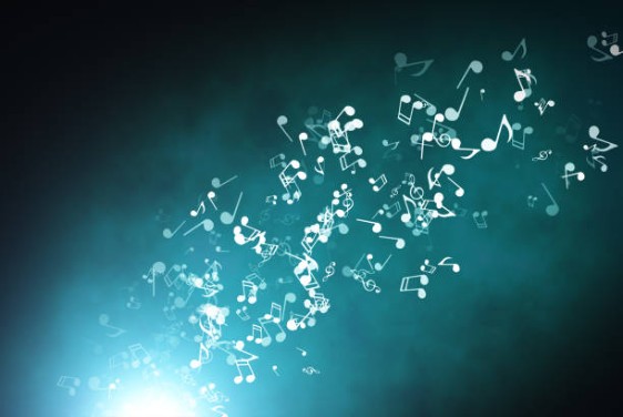 Floating musical notes on an abstract blue background