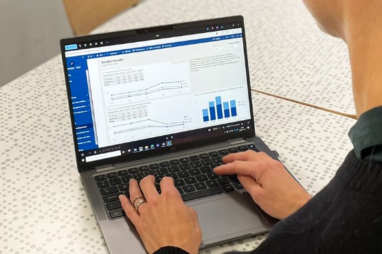 Woman at a computer with graphs