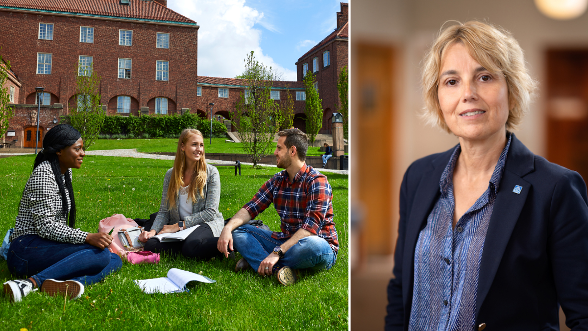 Collage of students at campus and Sandra Di Rocco