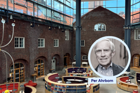 The library hall with a picture of Per Ahrbom.