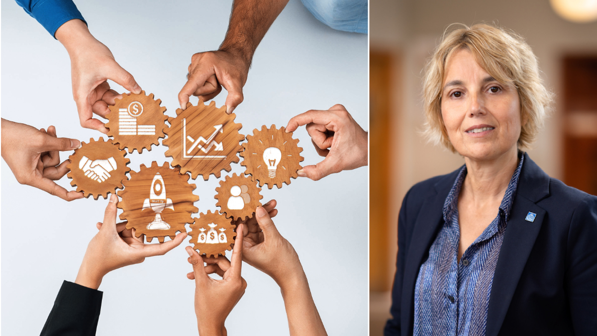 Sandra Di Rocco and hands holding symbols