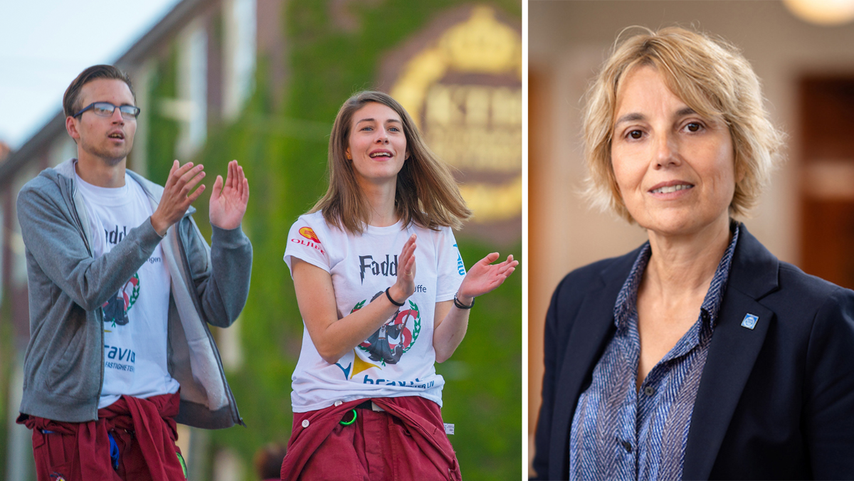 Collage of students at campus and Sandra Di Rocco